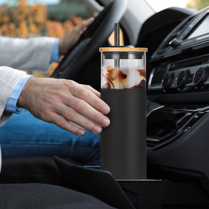 16 oz Glass Tumbler with Lids and Straws, Reusable Iced Coffee Cups | Borosilicate Glass Cups with Bamboo Lid, Silicone Sleeve, Smoothie Cup, Dishwasher Safe, Car Cup Holder, Iced Coffee Tumbler