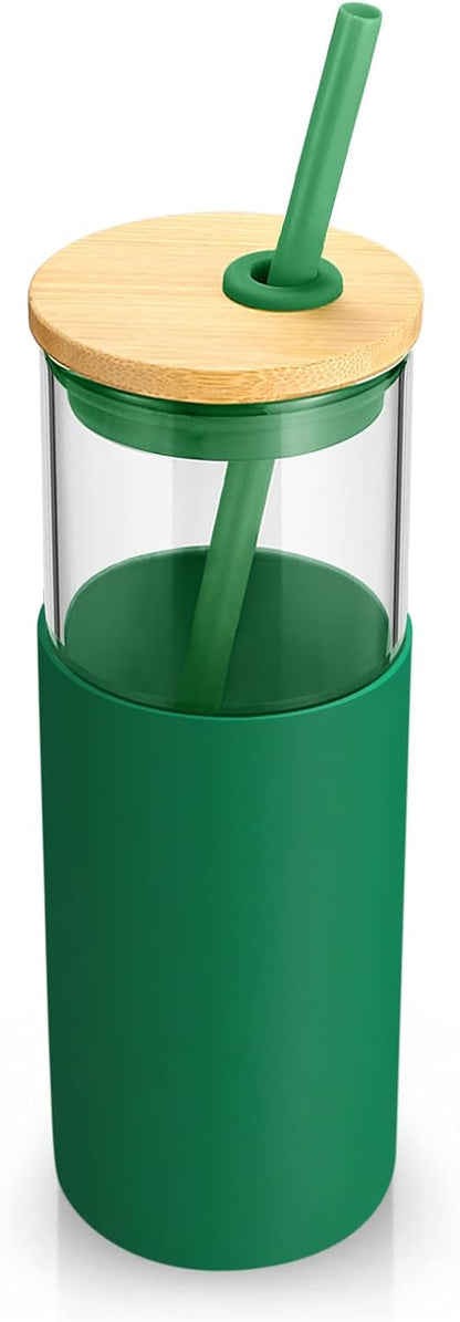 16 oz Glass Tumbler with Lids and Straws, Reusable Iced Coffee Cups | Borosilicate Glass Cups with Bamboo Lid, Silicone Sleeve, Smoothie Cup, Dishwasher Safe, Car Cup Holder, Iced Coffee Tumbler