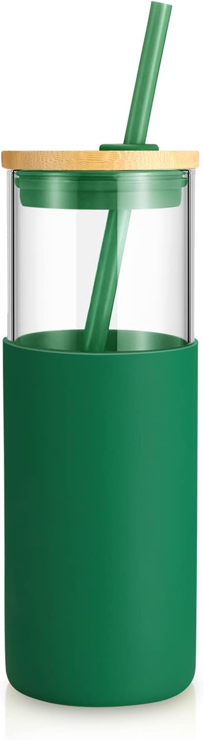 16 oz Glass Tumbler with Lids and Straws, Reusable Iced Coffee Cups | Borosilicate Glass Cups with Bamboo Lid, Silicone Sleeve, Smoothie Cup, Dishwasher Safe, Car Cup Holder, Iced Coffee Tumbler