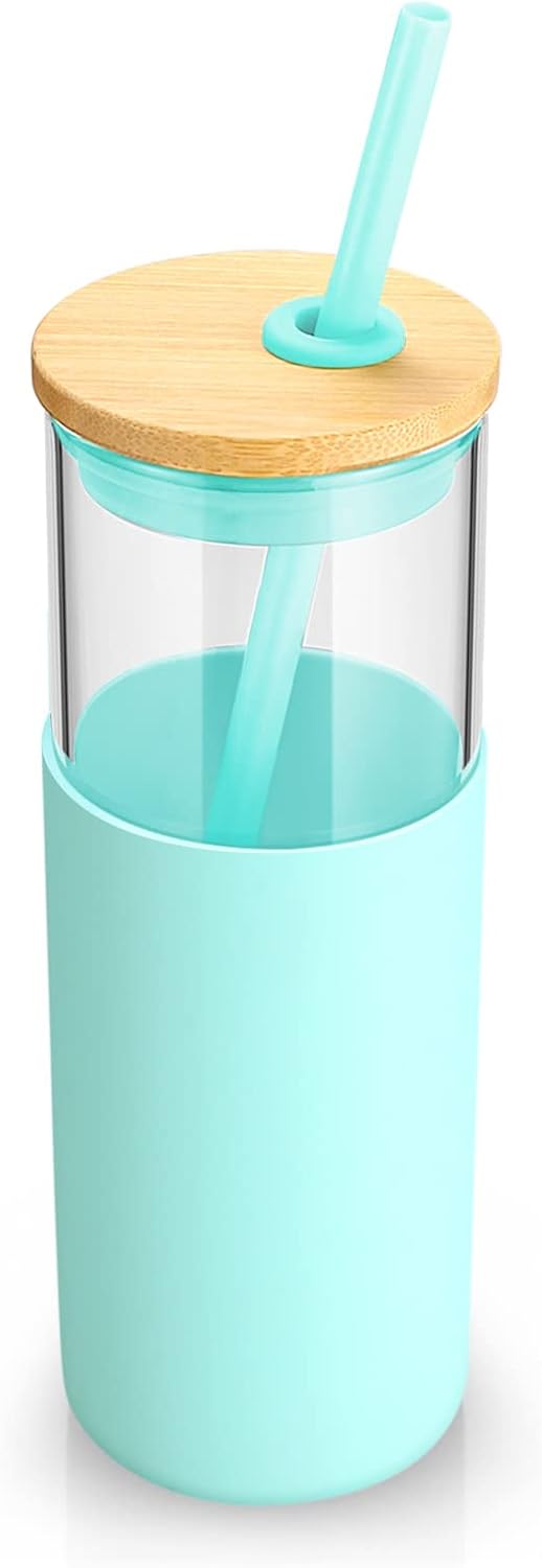 16 oz Glass Tumbler with Lids and Straws, Reusable Iced Coffee Cups | Borosilicate Glass Cups with Bamboo Lid, Silicone Sleeve, Smoothie Cup, Dishwasher Safe, Car Cup Holder, Iced Coffee Tumbler