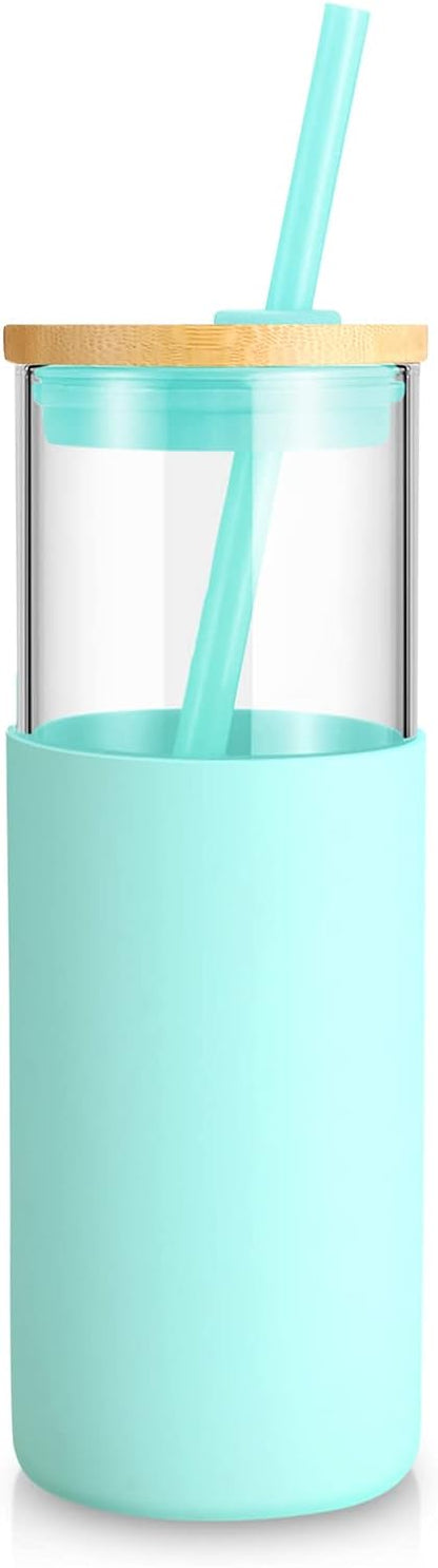 16 oz Glass Tumbler with Lids and Straws, Reusable Iced Coffee Cups | Borosilicate Glass Cups with Bamboo Lid, Silicone Sleeve, Smoothie Cup, Dishwasher Safe, Car Cup Holder, Iced Coffee Tumbler