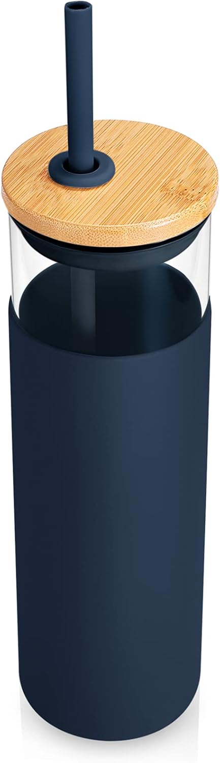16 oz Glass Tumbler with Lids and Straws, Reusable Iced Coffee Cups | Borosilicate Glass Cups with Bamboo Lid, Silicone Sleeve, Smoothie Cup, Dishwasher Safe, Car Cup Holder, Iced Coffee Tumbler
