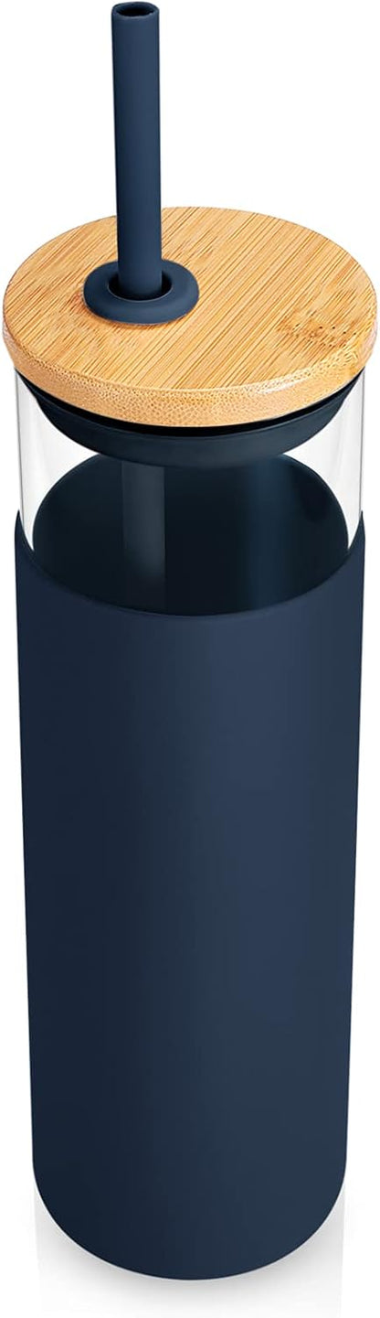 16 oz Glass Tumbler with Lids and Straws, Reusable Iced Coffee Cups | Borosilicate Glass Cups with Bamboo Lid, Silicone Sleeve, Smoothie Cup, Dishwasher Safe, Car Cup Holder, Iced Coffee Tumbler