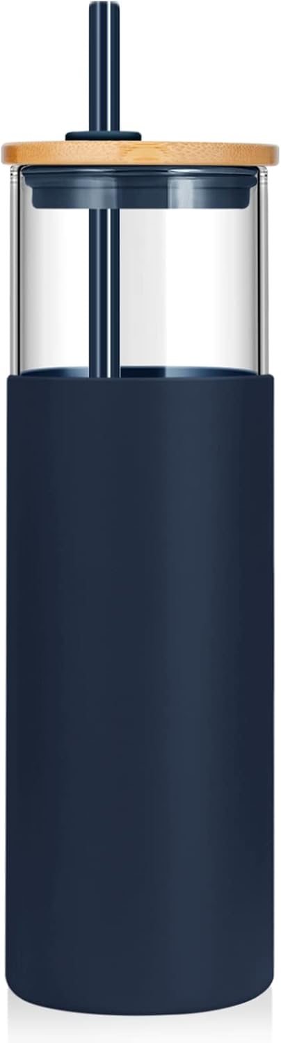 16 oz Glass Tumbler with Lids and Straws, Reusable Iced Coffee Cups | Borosilicate Glass Cups with Bamboo Lid, Silicone Sleeve, Smoothie Cup, Dishwasher Safe, Car Cup Holder, Iced Coffee Tumbler