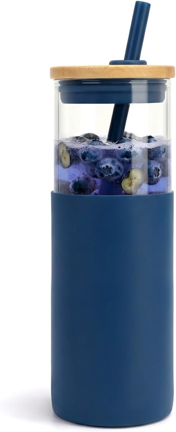 16 oz Glass Tumbler with Lids and Straws, Reusable Iced Coffee Cups | Borosilicate Glass Cups with Bamboo Lid, Silicone Sleeve, Smoothie Cup, Dishwasher Safe, Car Cup Holder, Iced Coffee Tumbler