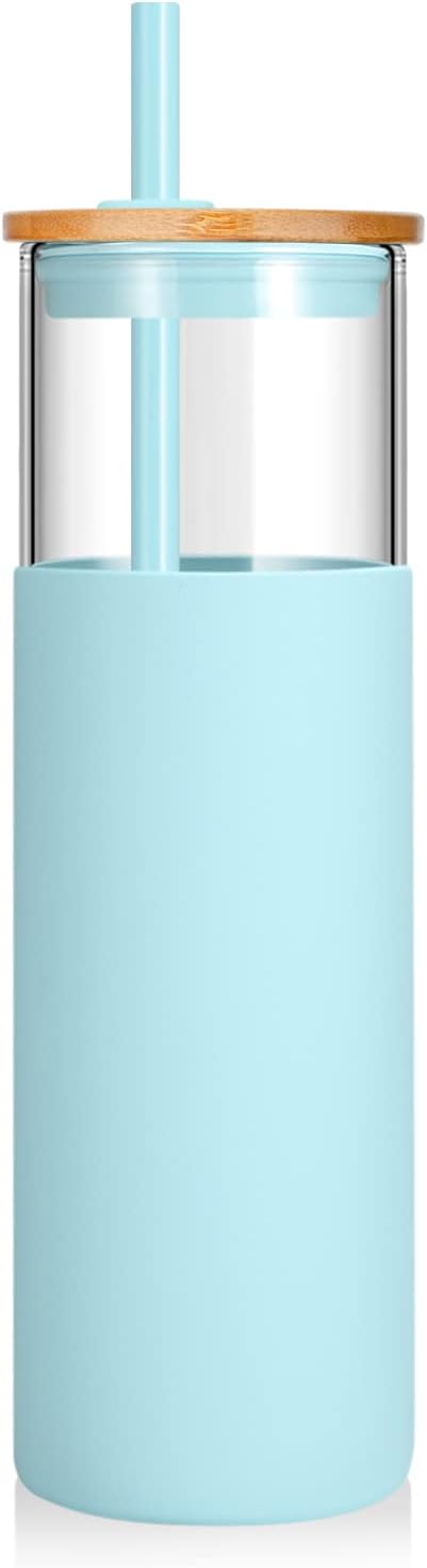 16 oz Glass Tumbler with Lids and Straws, Reusable Iced Coffee Cups | Borosilicate Glass Cups with Bamboo Lid, Silicone Sleeve, Smoothie Cup, Dishwasher Safe, Car Cup Holder, Iced Coffee Tumbler