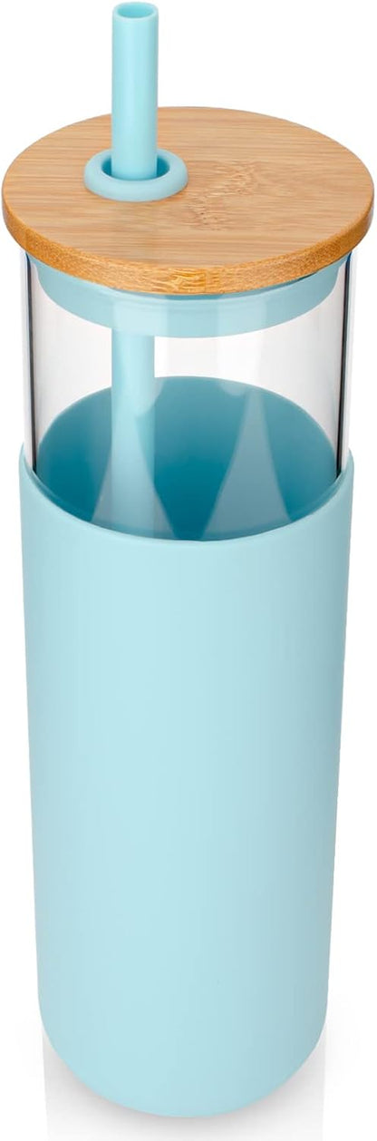 16 oz Glass Tumbler with Lids and Straws, Reusable Iced Coffee Cups | Borosilicate Glass Cups with Bamboo Lid, Silicone Sleeve, Smoothie Cup, Dishwasher Safe, Car Cup Holder, Iced Coffee Tumbler