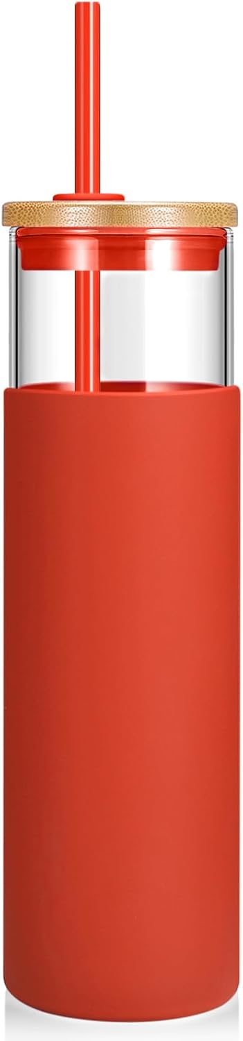 16 oz Glass Tumbler with Lids and Straws, Reusable Iced Coffee Cups | Borosilicate Glass Cups with Bamboo Lid, Silicone Sleeve, Smoothie Cup, Dishwasher Safe, Car Cup Holder, Iced Coffee Tumbler