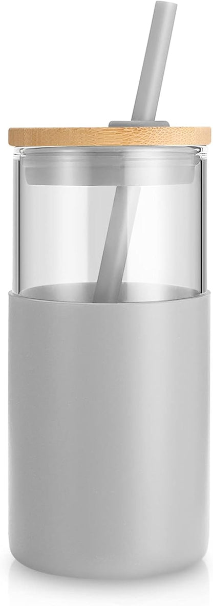 16 oz Glass Tumbler with Lids and Straws, Reusable Iced Coffee Cups | Borosilicate Glass Cups with Bamboo Lid, Silicone Sleeve, Smoothie Cup, Dishwasher Safe, Car Cup Holder, Iced Coffee Tumbler
