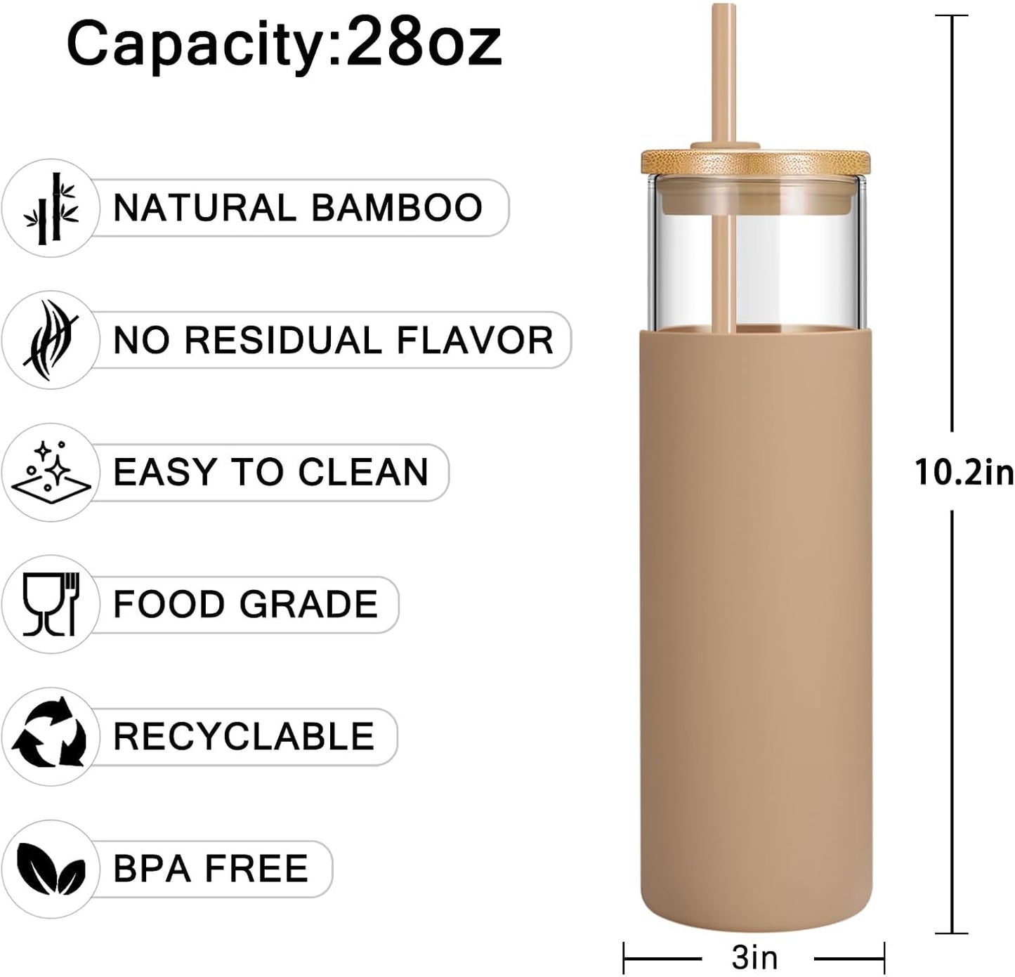 16 oz Glass Tumbler with Lids and Straws, Reusable Iced Coffee Cups | Borosilicate Glass Cups with Bamboo Lid, Silicone Sleeve, Smoothie Cup, Dishwasher Safe, Car Cup Holder, Iced Coffee Tumbler