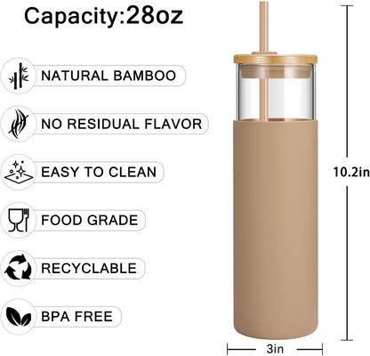 16 oz Glass Tumbler with Lids and Straws, Reusable Iced Coffee Cups | Borosilicate Glass Cups with Bamboo Lid, Silicone Sleeve, Smoothie Cup, Dishwasher Safe, Car Cup Holder, Iced Coffee Tumbler