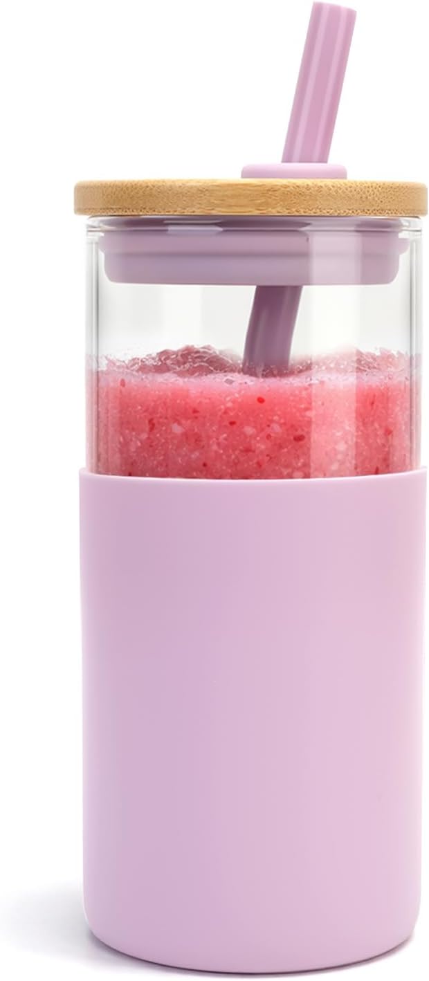 16 oz Glass Tumbler with Lids and Straws, Reusable Iced Coffee Cups | Borosilicate Glass Cups with Bamboo Lid, Silicone Sleeve, Smoothie Cup, Dishwasher Safe, Car Cup Holder, Iced Coffee Tumbler