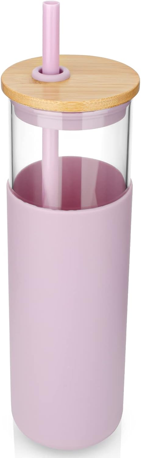 16 oz Glass Tumbler with Lids and Straws, Reusable Iced Coffee Cups | Borosilicate Glass Cups with Bamboo Lid, Silicone Sleeve, Smoothie Cup, Dishwasher Safe, Car Cup Holder, Iced Coffee Tumbler