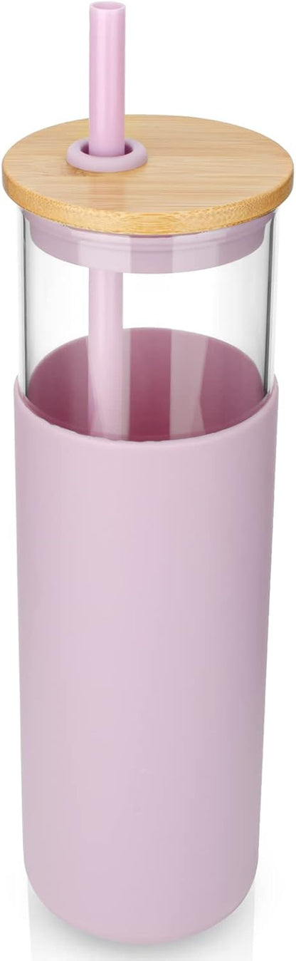 16 oz Glass Tumbler with Lids and Straws, Reusable Iced Coffee Cups | Borosilicate Glass Cups with Bamboo Lid, Silicone Sleeve, Smoothie Cup, Dishwasher Safe, Car Cup Holder, Iced Coffee Tumbler