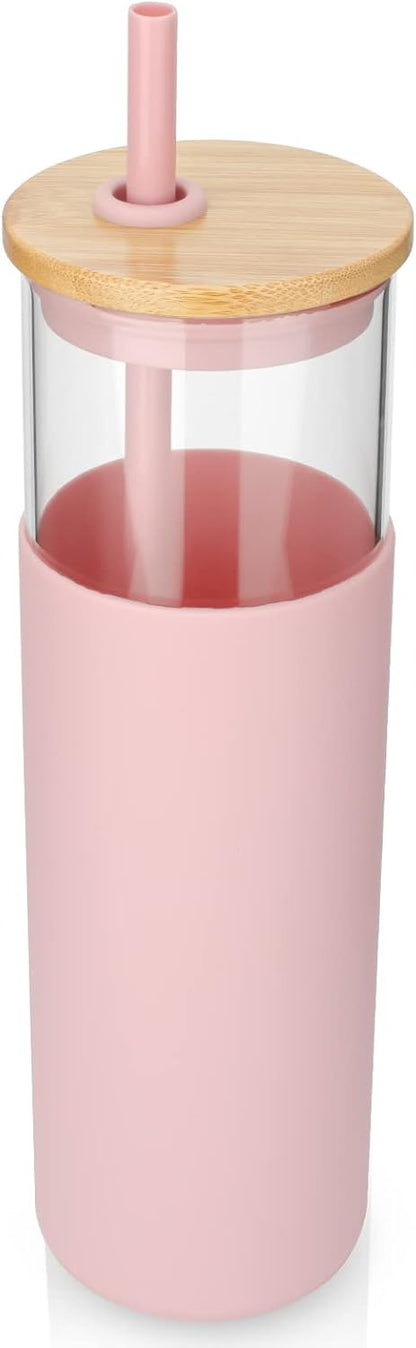 16 oz Glass Tumbler with Lids and Straws, Reusable Iced Coffee Cups | Borosilicate Glass Cups with Bamboo Lid, Silicone Sleeve, Smoothie Cup, Dishwasher Safe, Car Cup Holder, Iced Coffee Tumbler