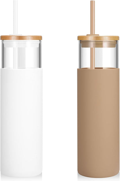 16 oz Glass Tumbler with Lids and Straws, Reusable Iced Coffee Cups | Borosilicate Glass Cups with Bamboo Lid, Silicone Sleeve, Smoothie Cup, Dishwasher Safe, Car Cup Holder, Iced Coffee Tumbler