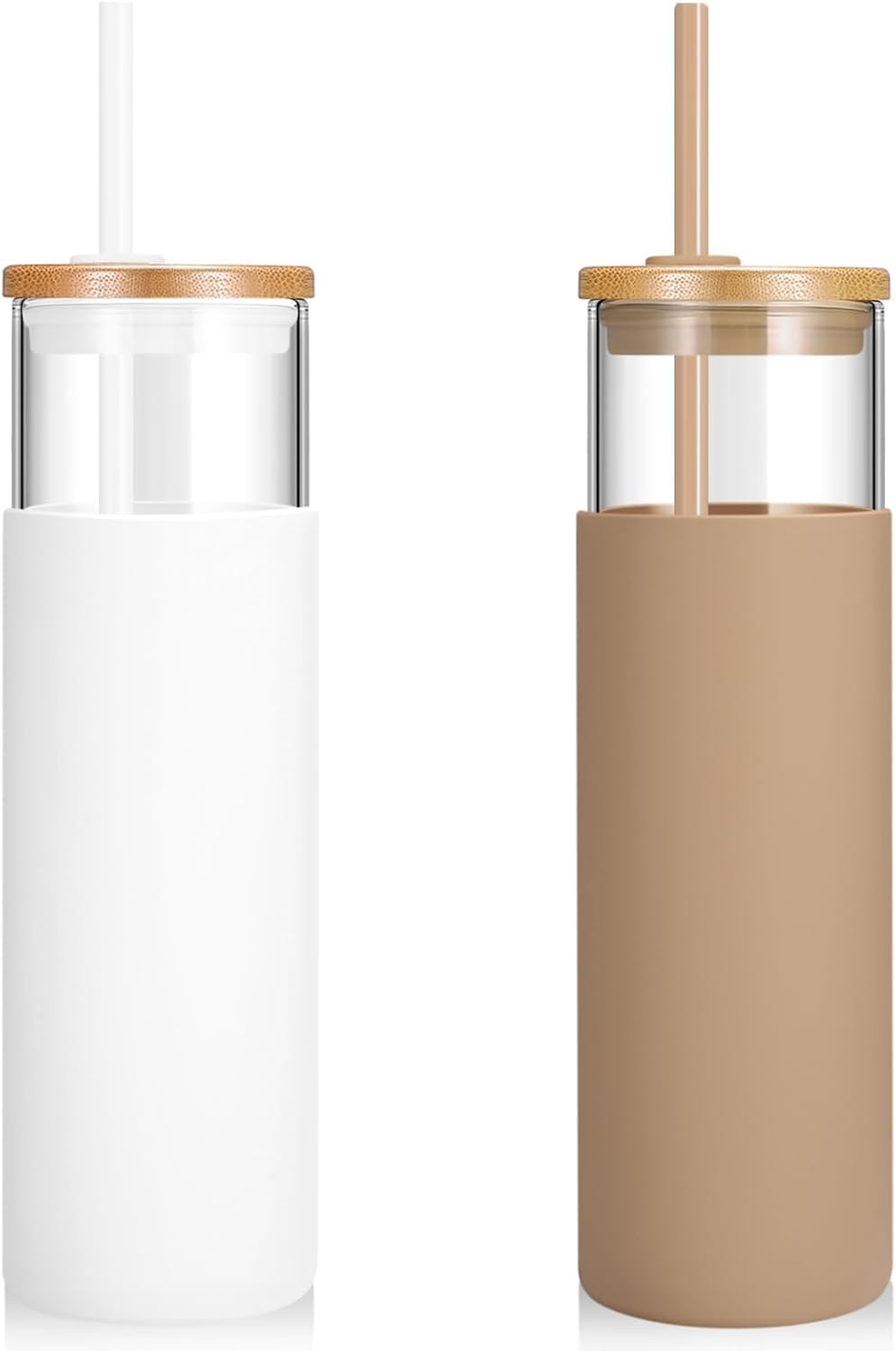 16 oz Glass Tumbler with Lids and Straws, Reusable Iced Coffee Cups | Borosilicate Glass Cups with Bamboo Lid, Silicone Sleeve, Smoothie Cup, Dishwasher Safe, Car Cup Holder, Iced Coffee Tumbler