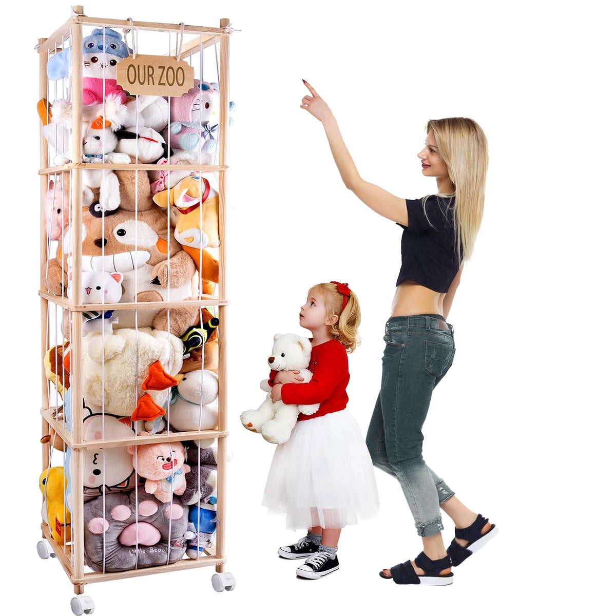 Extra Large Stuffed Animal Storage Organizer with Wheels & Mesh Pockets - 70x16.5x16.5 Inch Wooden Corner Toy Cage, Space-Saving Plush Zoo Holder for 220+ Toys, Nursery Playroom Bedroom