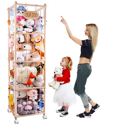 Extra Large Stuffed Animal Storage Organizer with Wheels & Mesh Pockets - 70x16.5x16.5 Inch Wooden Corner Toy Cage, Space-Saving Plush Zoo Holder for 220+ Toys, Nursery Playroom Bedroom