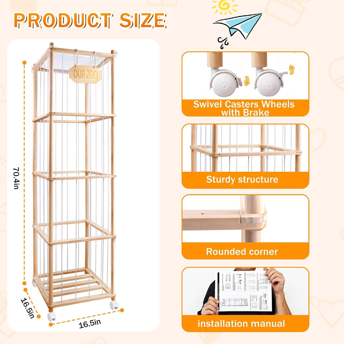 Extra Large Stuffed Animal Storage Organizer with Wheels & Mesh Pockets - 70x16.5x16.5 Inch Wooden Corner Toy Cage, Space-Saving Plush Zoo Holder for 220+ Toys, Nursery Playroom Bedroom