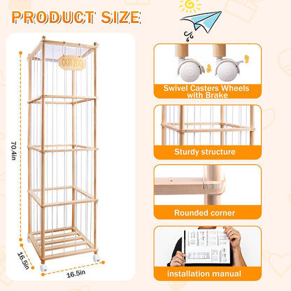 Extra Large Stuffed Animal Storage Organizer with Wheels & Mesh Pockets - 70x16.5x16.5 Inch Wooden Corner Toy Cage, Space-Saving Plush Zoo Holder for 220+ Toys, Nursery Playroom Bedroom