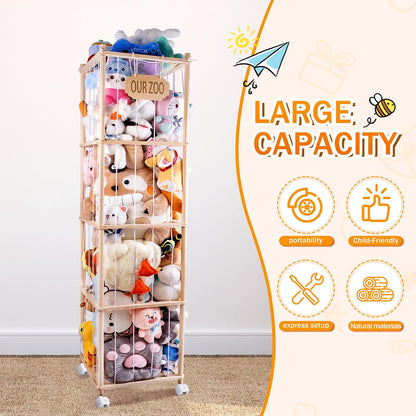 Extra Large Stuffed Animal Storage Organizer with Wheels & Mesh Pockets - 70x16.5x16.5 Inch Wooden Corner Toy Cage, Space-Saving Plush Zoo Holder for 220+ Toys, Nursery Playroom Bedroom
