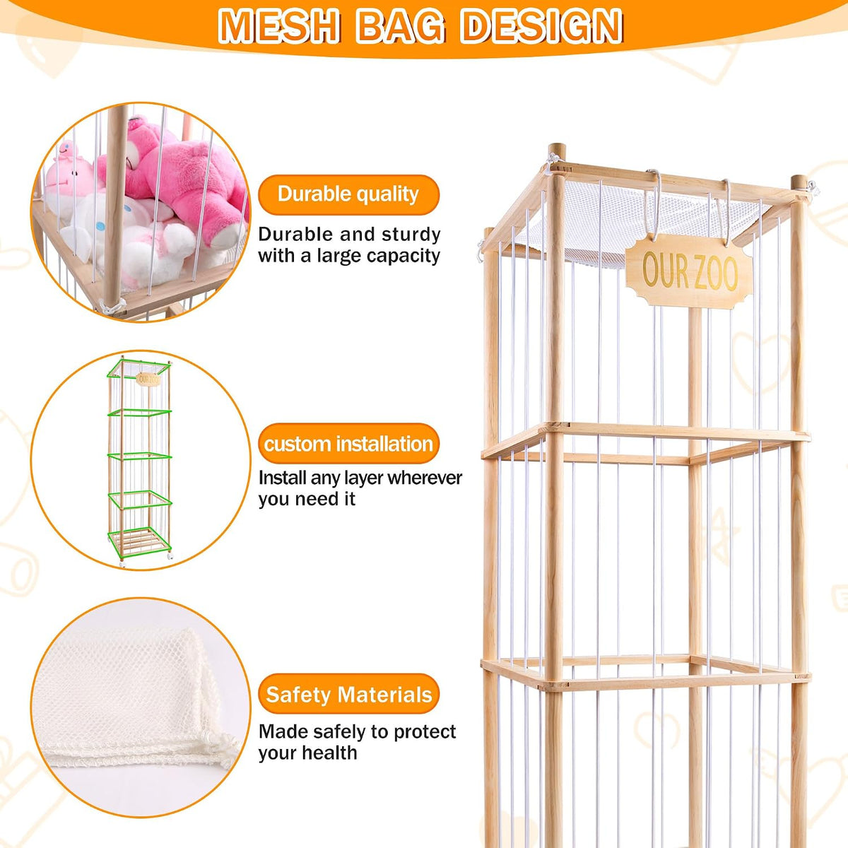 Extra Large Stuffed Animal Storage Organizer with Wheels & Mesh Pockets - 70x16.5x16.5 Inch Wooden Corner Toy Cage, Space-Saving Plush Zoo Holder for 220+ Toys, Nursery Playroom Bedroom