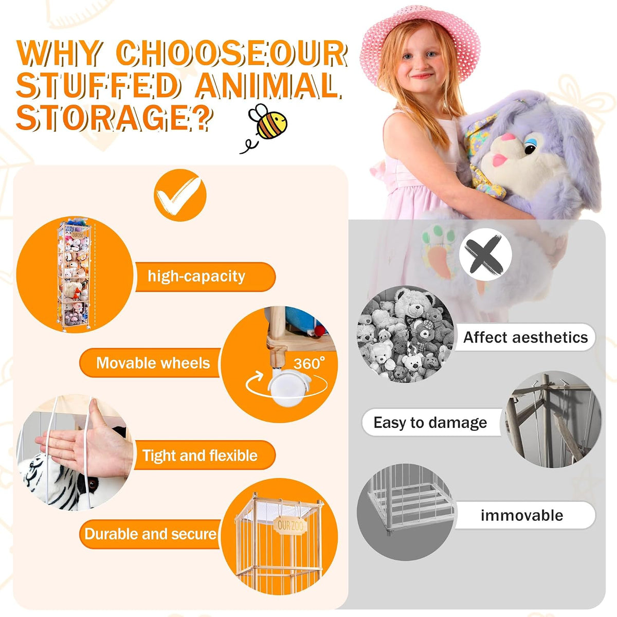 Extra Large Stuffed Animal Storage Organizer with Wheels & Mesh Pockets - 70x16.5x16.5 Inch Wooden Corner Toy Cage, Space-Saving Plush Zoo Holder for 220+ Toys, Nursery Playroom Bedroom