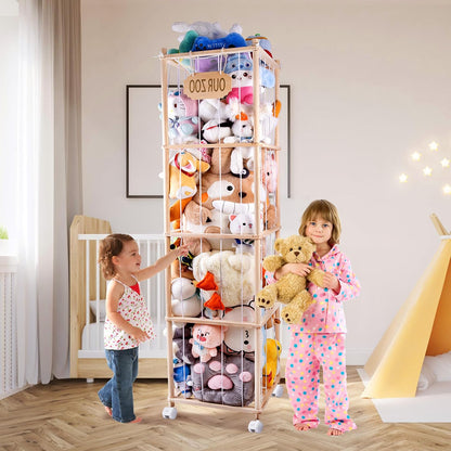 Extra Large Stuffed Animal Storage Organizer with Wheels & Mesh Pockets - 70x16.5x16.5 Inch Wooden Corner Toy Cage, Space-Saving Plush Zoo Holder for 220+ Toys, Nursery Playroom Bedroom
