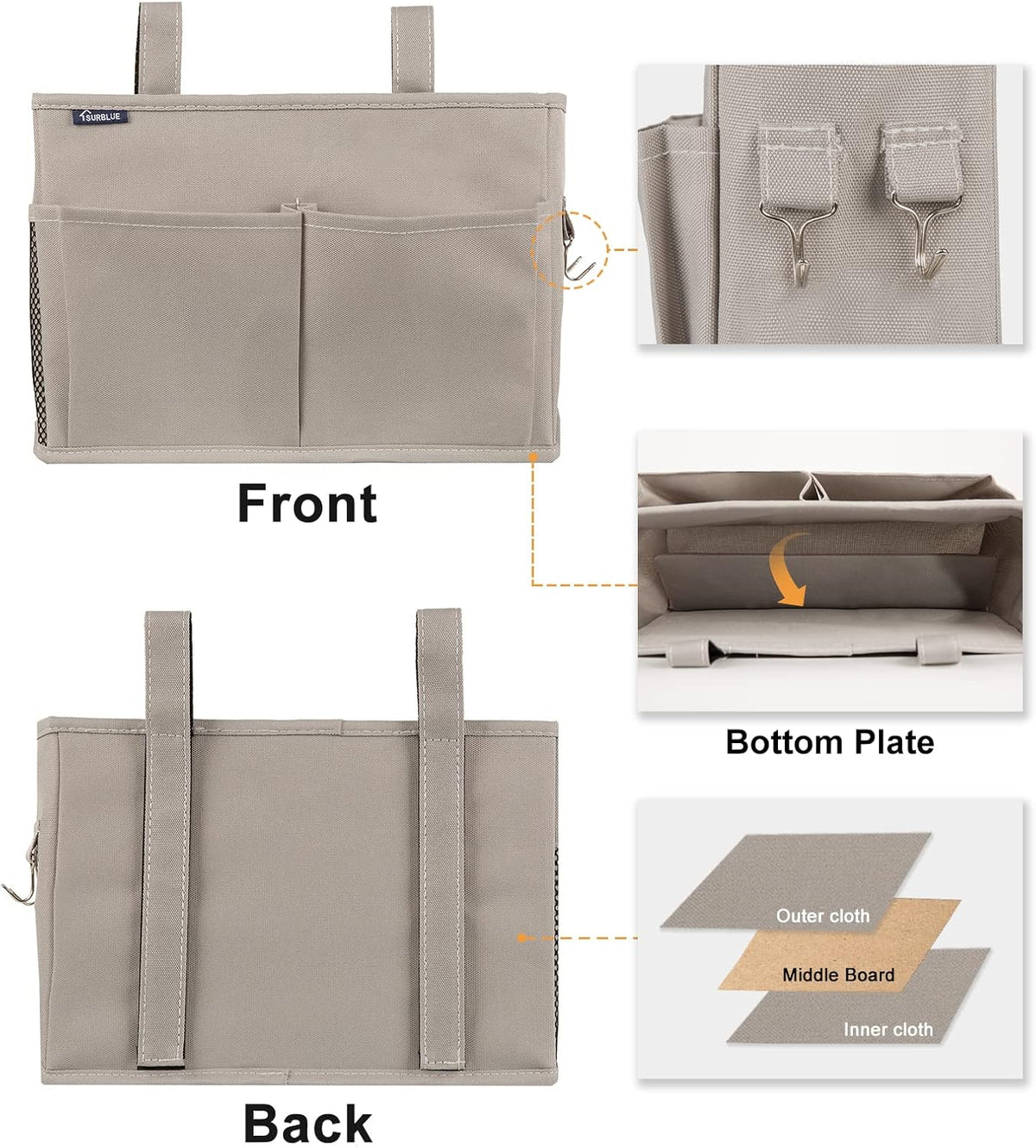 Bedside Caddy Hanging Bed Organizer Storage Bag Pocket for Bunk and Hospital Beds, College Dorm Rooms Baby Bed Rails,Camp (8 Pockets),Gray