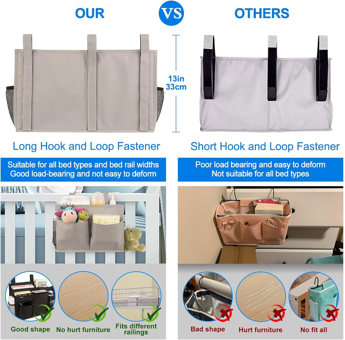 Bedside Caddy Hanging Bed Organizer Storage Bag Pocket for Bunk and Hospital Beds, College Dorm Rooms Baby Bed Rails,Camp (8 Pockets),Gray
