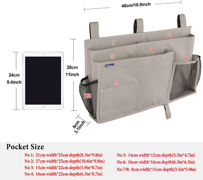 Bedside Caddy Hanging Bed Organizer Storage Bag Pocket for Bunk and Hospital Beds, College Dorm Rooms Baby Bed Rails,Camp (8 Pockets),Gray