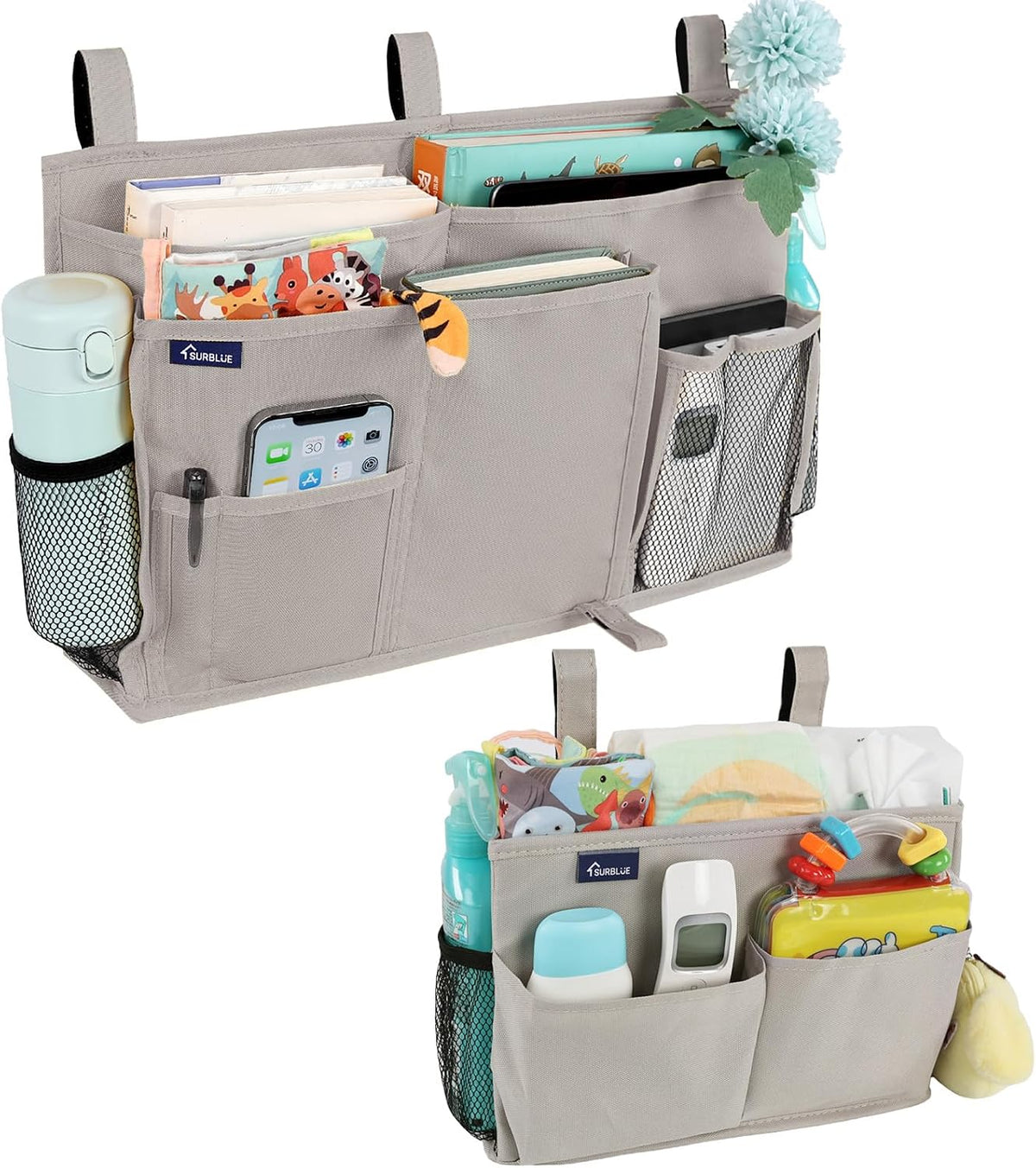 Bedside Caddy Hanging Bed Organizer Storage Bag Pocket for Bunk and Hospital Beds, College Dorm Rooms Baby Bed Rails,Camp (8 Pockets),Gray