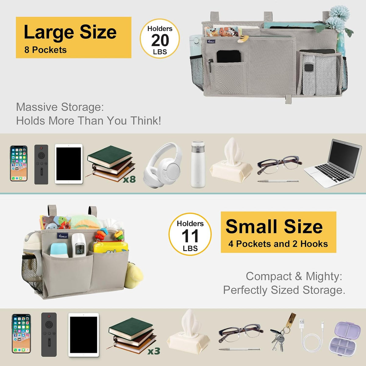 Bedside Caddy Hanging Bed Organizer Storage Bag Pocket for Bunk and Hospital Beds, College Dorm Rooms Baby Bed Rails,Camp (8 Pockets),Gray