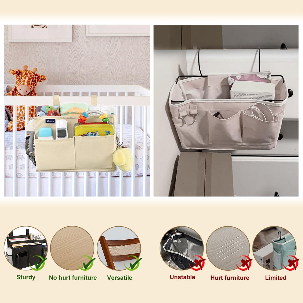 Bedside Caddy Hanging Bed Organizer Storage Bag Pocket for Bunk and Hospital Beds, College Dorm Rooms Baby Bed Rails,Camp (8 Pockets),Gray