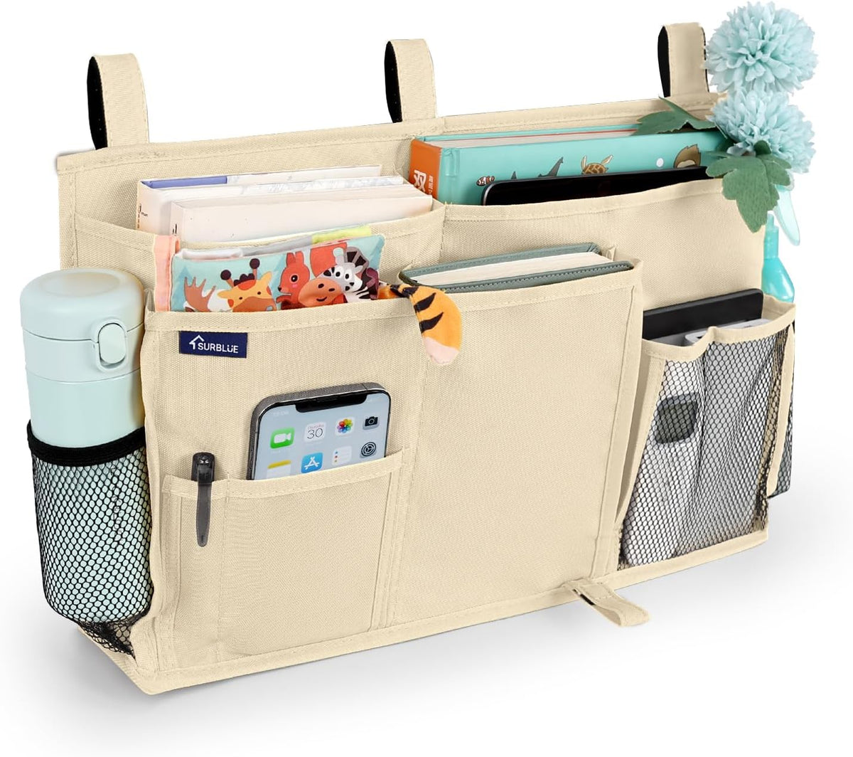 Bedside Caddy Hanging Bed Organizer Storage Bag Pocket for Bunk and Hospital Beds, College Dorm Rooms Baby Bed Rails,Camp (8 Pockets),Gray