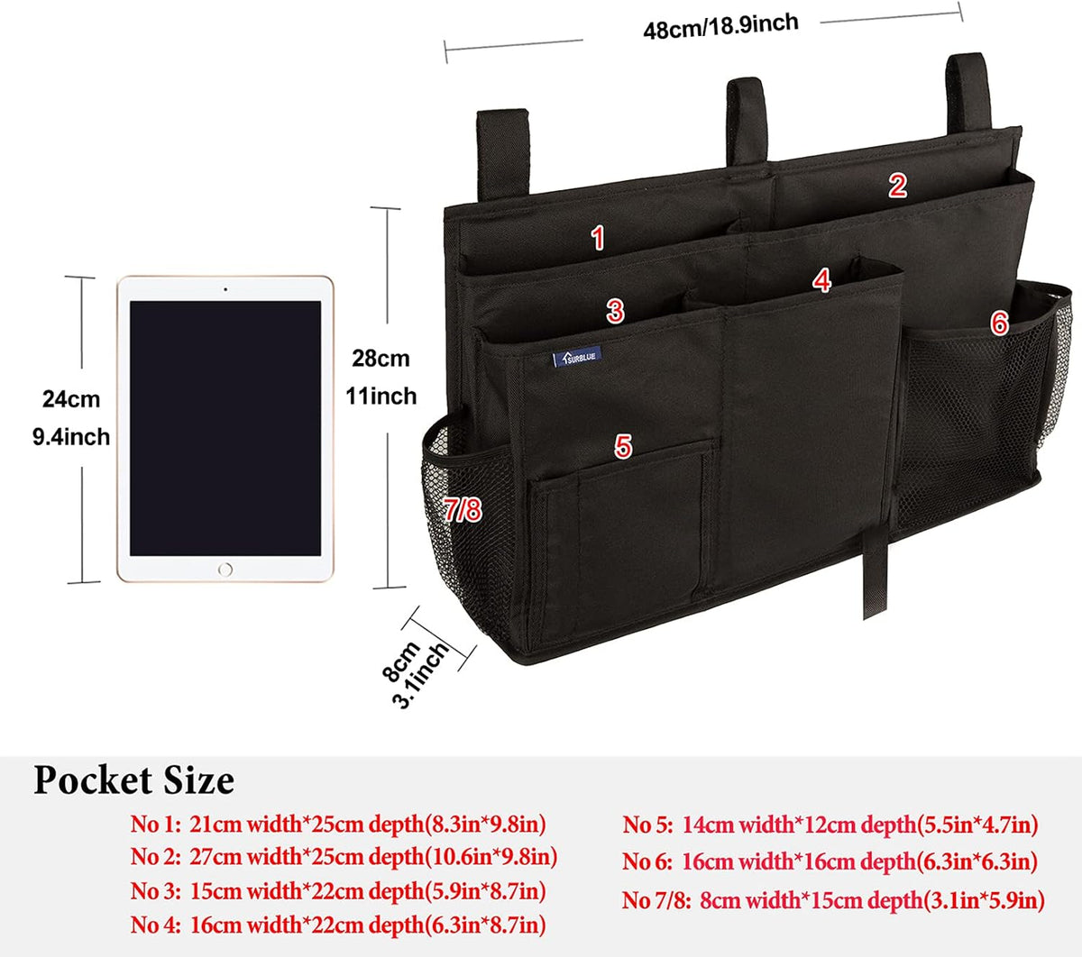 Bedside Caddy Hanging Bed Organizer Storage Bag Pocket for Bunk and Hospital Beds, College Dorm Rooms Baby Bed Rails,Camp (8 Pockets),Gray