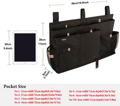 Bedside Caddy Hanging Bed Organizer Storage Bag Pocket for Bunk and Hospital Beds, College Dorm Rooms Baby Bed Rails,Camp (8 Pockets),Gray