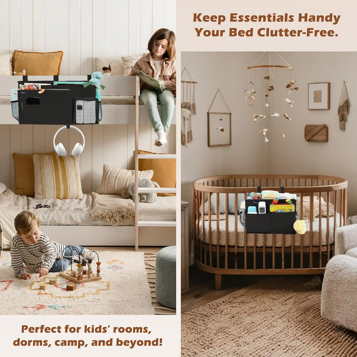Bedside Caddy Hanging Bed Organizer Storage Bag Pocket for Bunk and Hospital Beds, College Dorm Rooms Baby Bed Rails,Camp (8 Pockets),Gray
