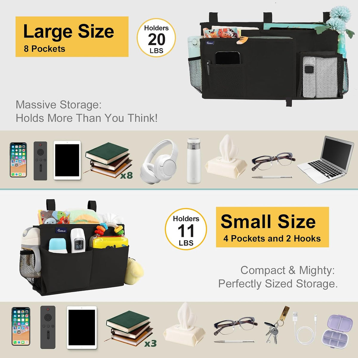 Bedside Caddy Hanging Bed Organizer Storage Bag Pocket for Bunk and Hospital Beds, College Dorm Rooms Baby Bed Rails,Camp (8 Pockets),Gray