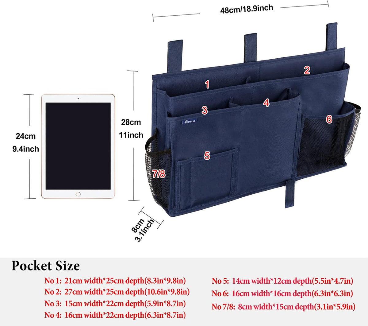Bedside Caddy Hanging Bed Organizer Storage Bag Pocket for Bunk and Hospital Beds, College Dorm Rooms Baby Bed Rails,Camp (8 Pockets),Gray