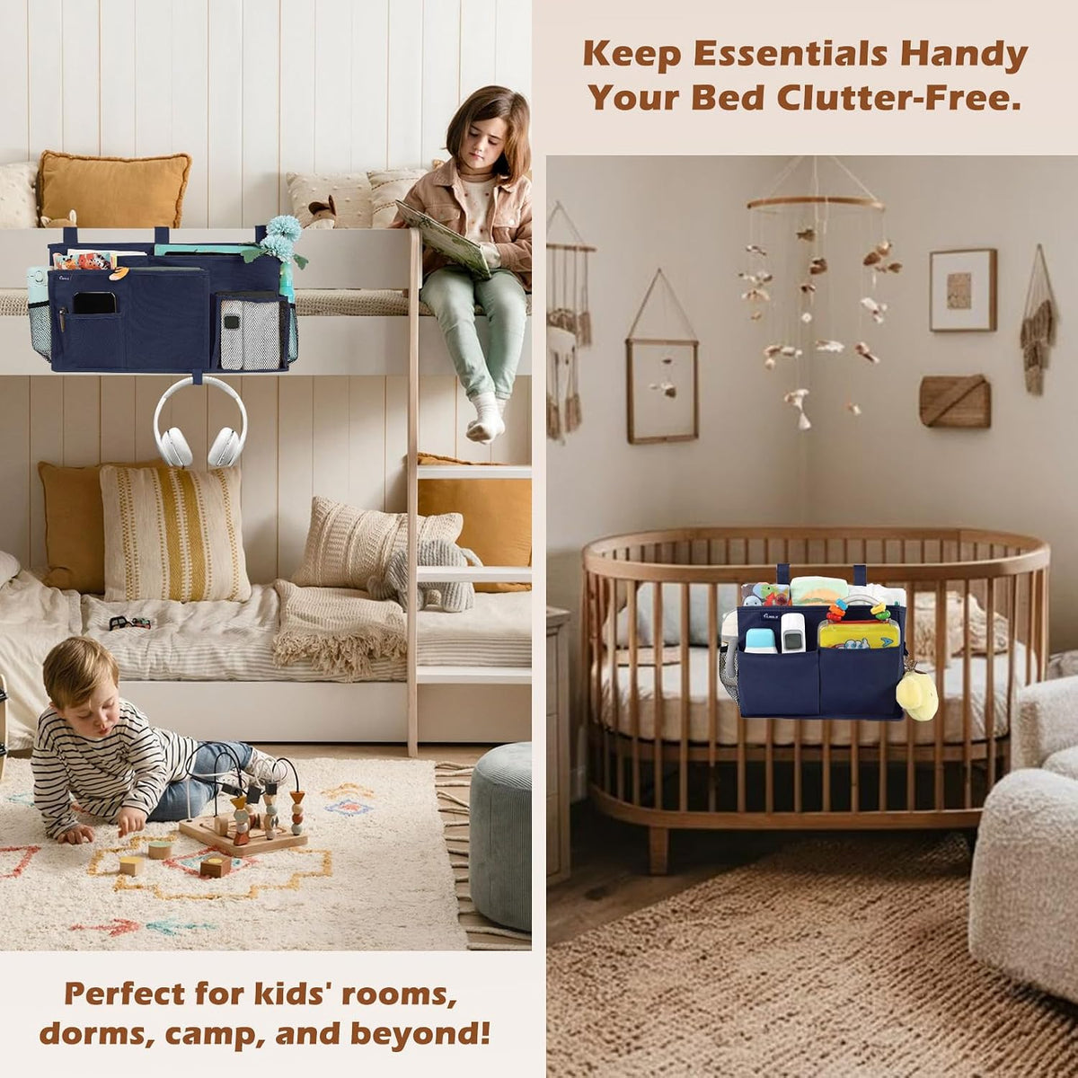 Bedside Caddy Hanging Bed Organizer Storage Bag Pocket for Bunk and Hospital Beds, College Dorm Rooms Baby Bed Rails,Camp (8 Pockets),Gray
