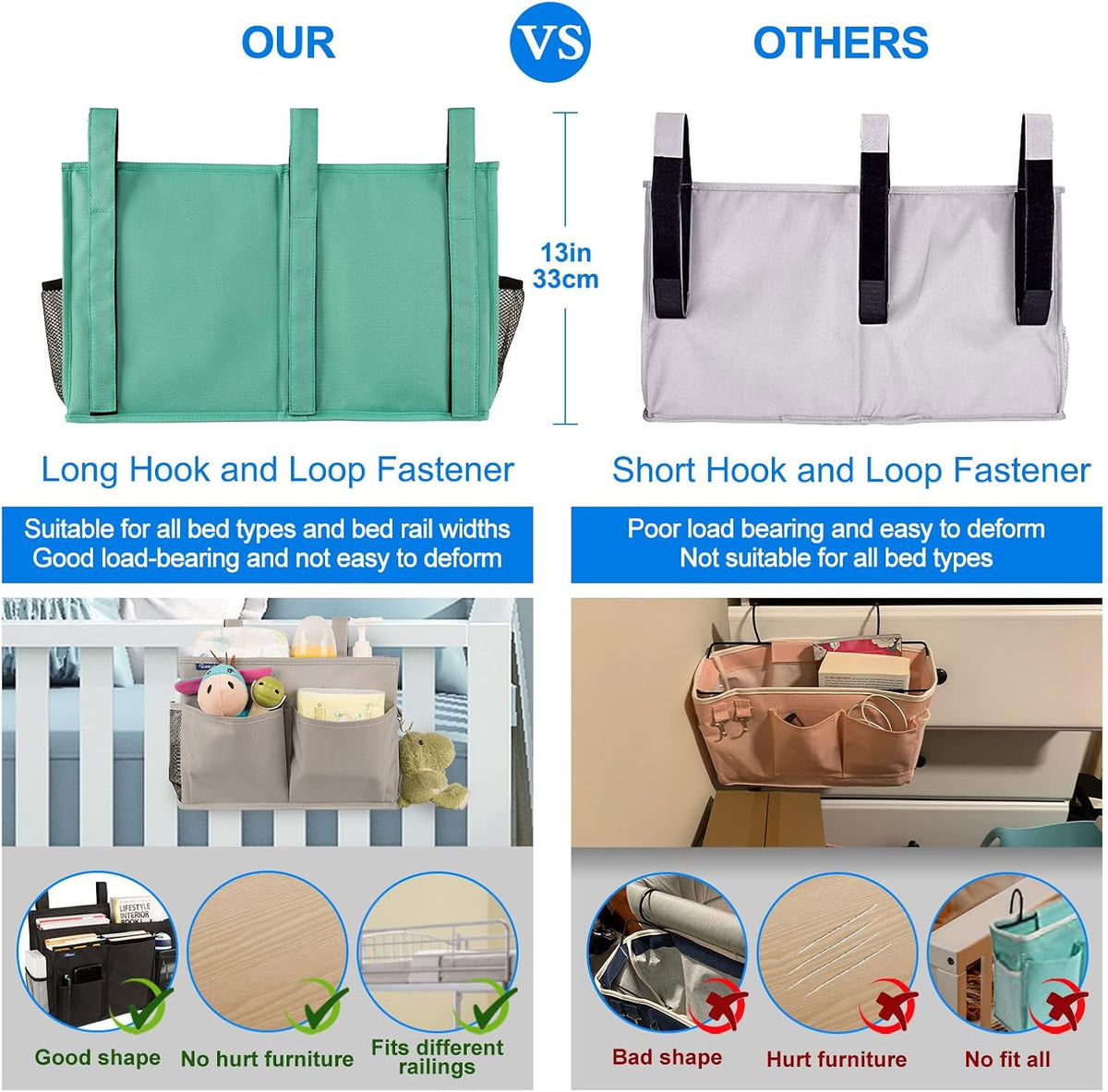Bedside Caddy Hanging Bed Organizer Storage Bag Pocket for Bunk and Hospital Beds, College Dorm Rooms Baby Bed Rails,Camp (8 Pockets),Gray