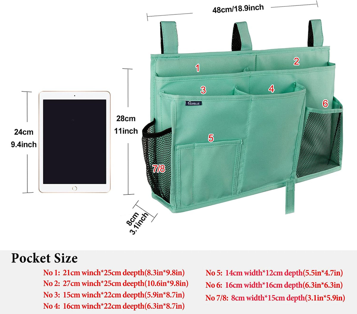 Bedside Caddy Hanging Bed Organizer Storage Bag Pocket for Bunk and Hospital Beds, College Dorm Rooms Baby Bed Rails,Camp (8 Pockets),Gray
