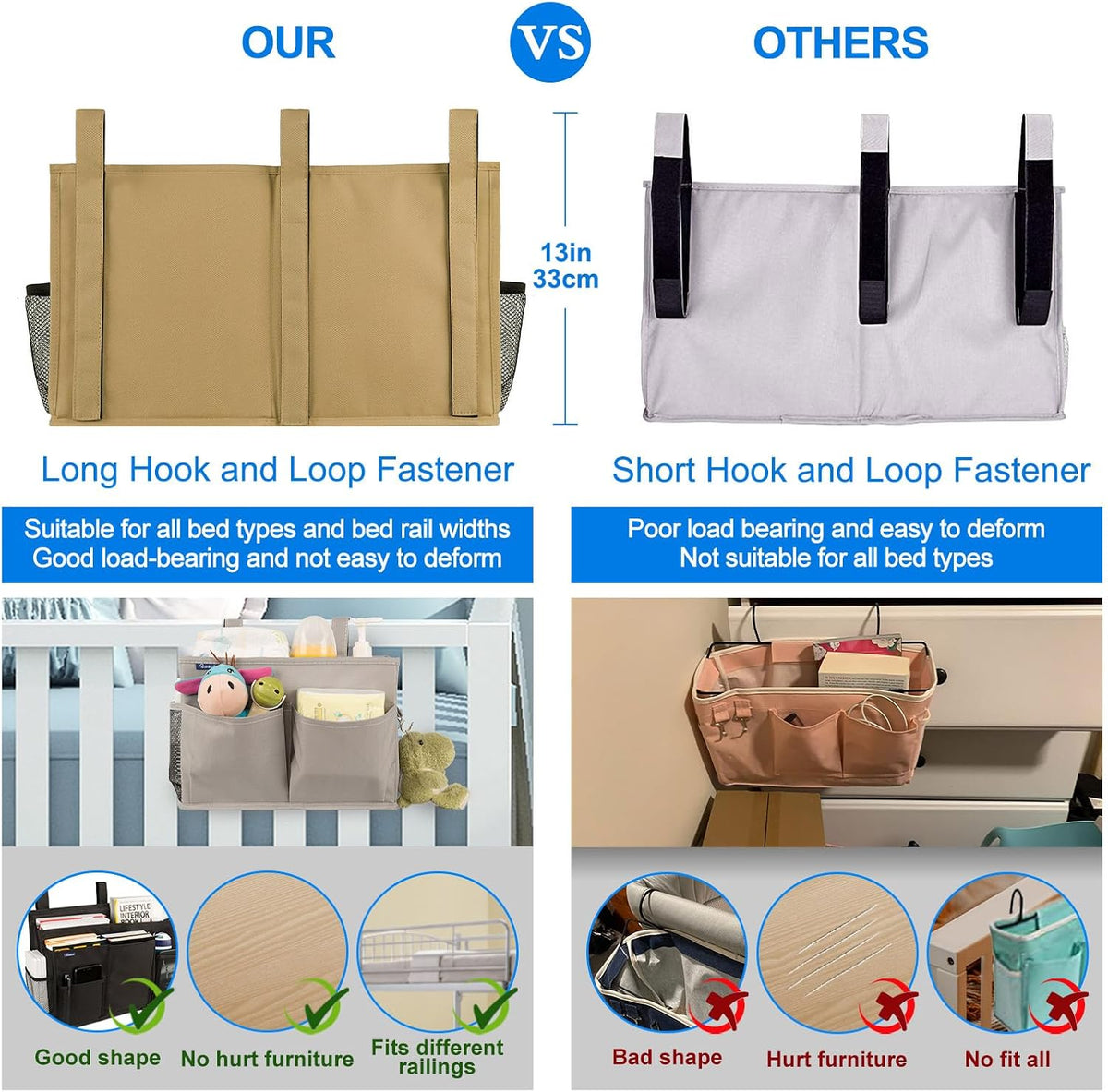 Bedside Caddy Hanging Bed Organizer Storage Bag Pocket for Bunk and Hospital Beds, College Dorm Rooms Baby Bed Rails,Camp (8 Pockets),Gray
