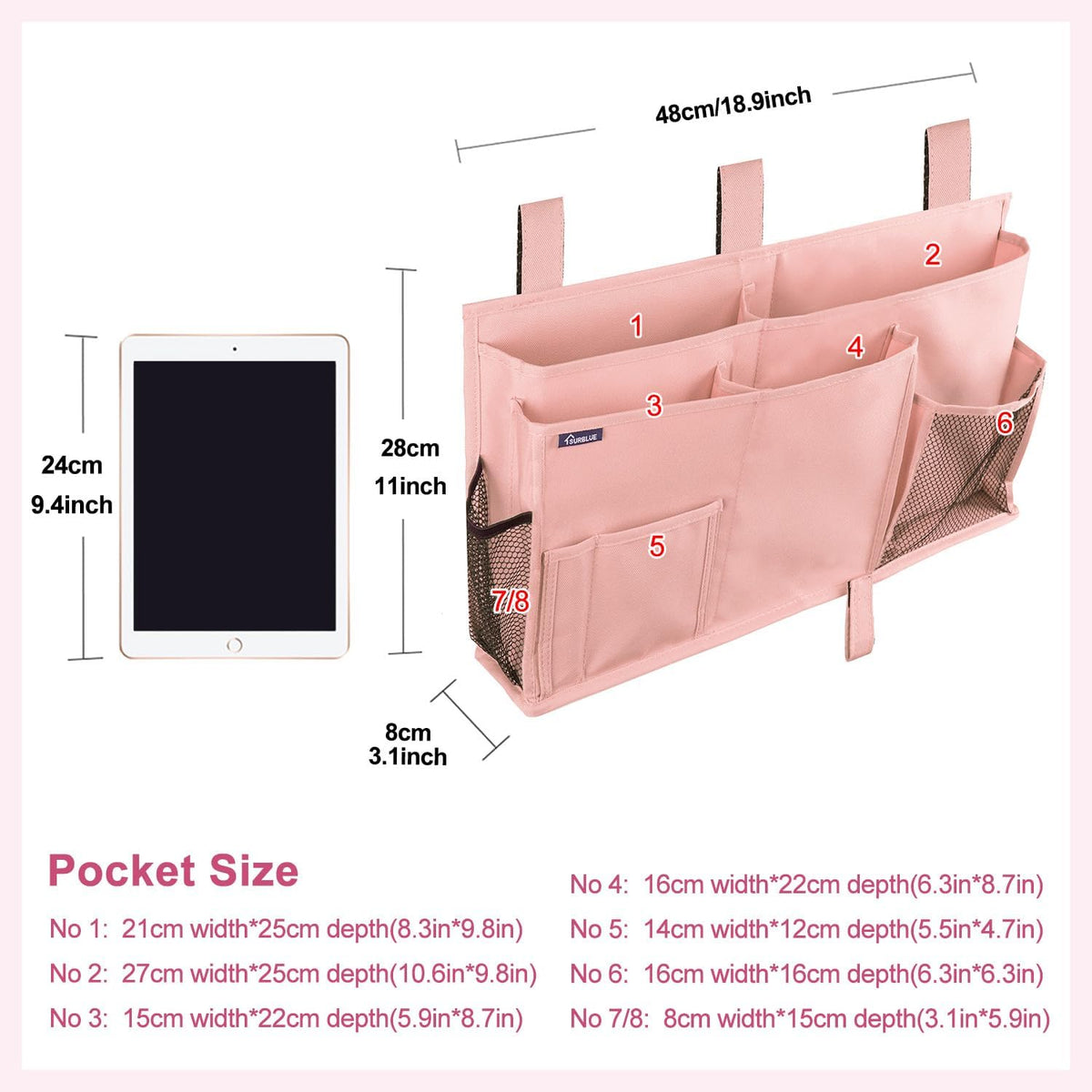 Bedside Caddy Hanging Bed Organizer Storage Bag Pocket for Bunk and Hospital Beds, College Dorm Rooms Baby Bed Rails,Camp (8 Pockets),Gray