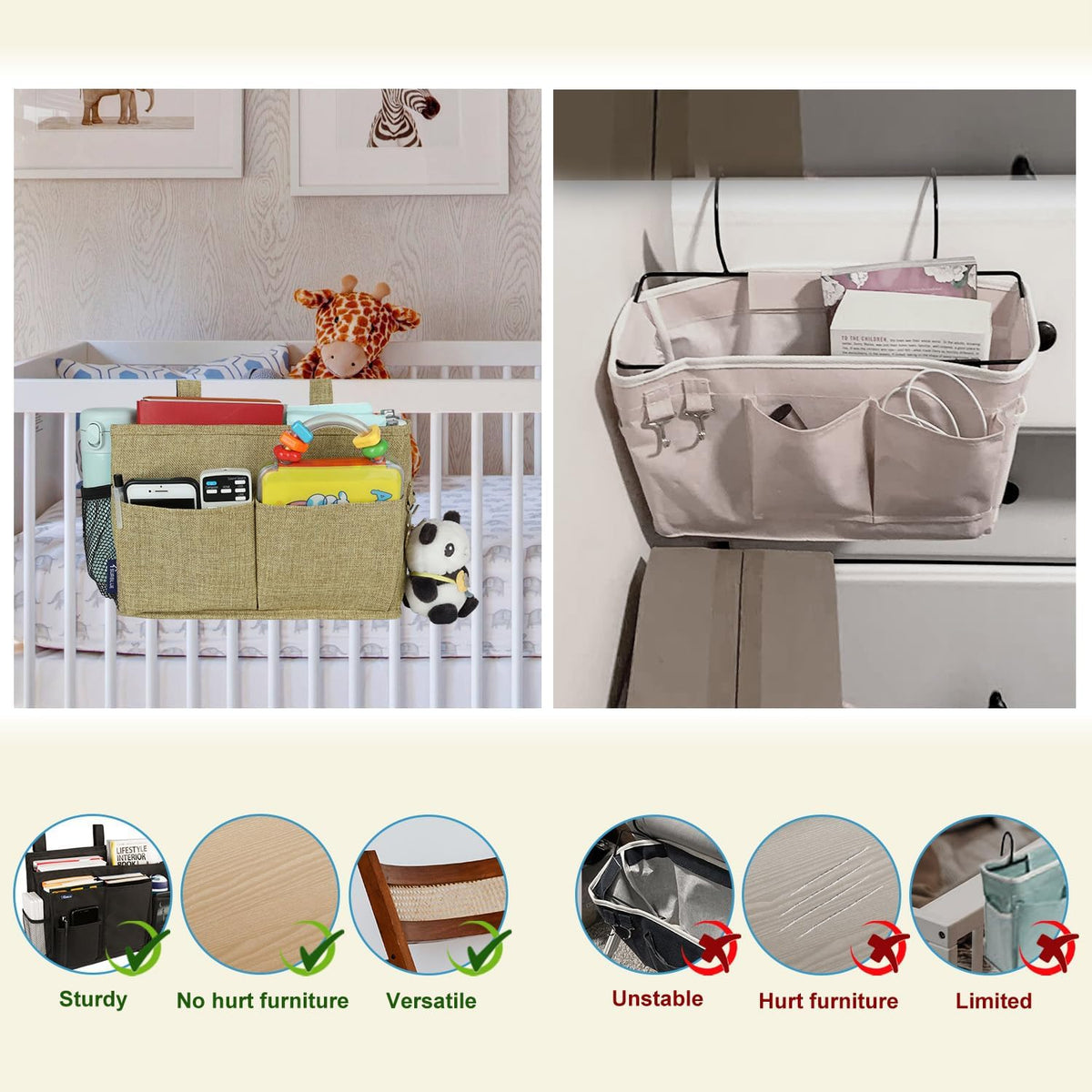 Bedside Caddy Hanging Bed Organizer Storage Bag Pocket for Bunk and Hospital Beds, College Dorm Rooms Baby Bed Rails,Camp (8 Pockets),Gray