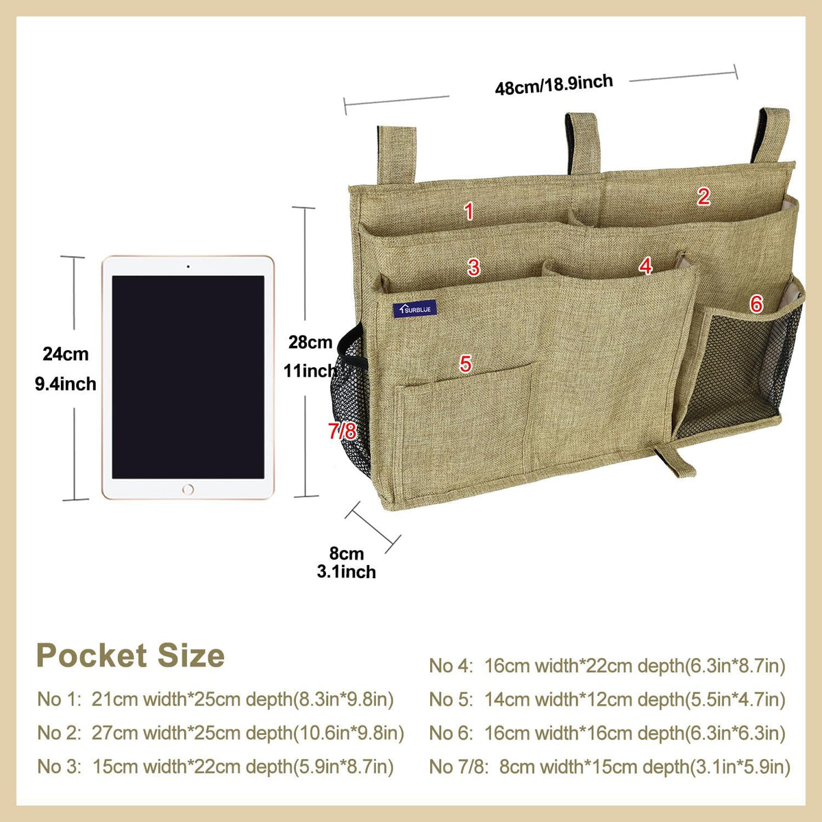 Bedside Caddy Hanging Bed Organizer Storage Bag Pocket for Bunk and Hospital Beds, College Dorm Rooms Baby Bed Rails,Camp (8 Pockets),Gray