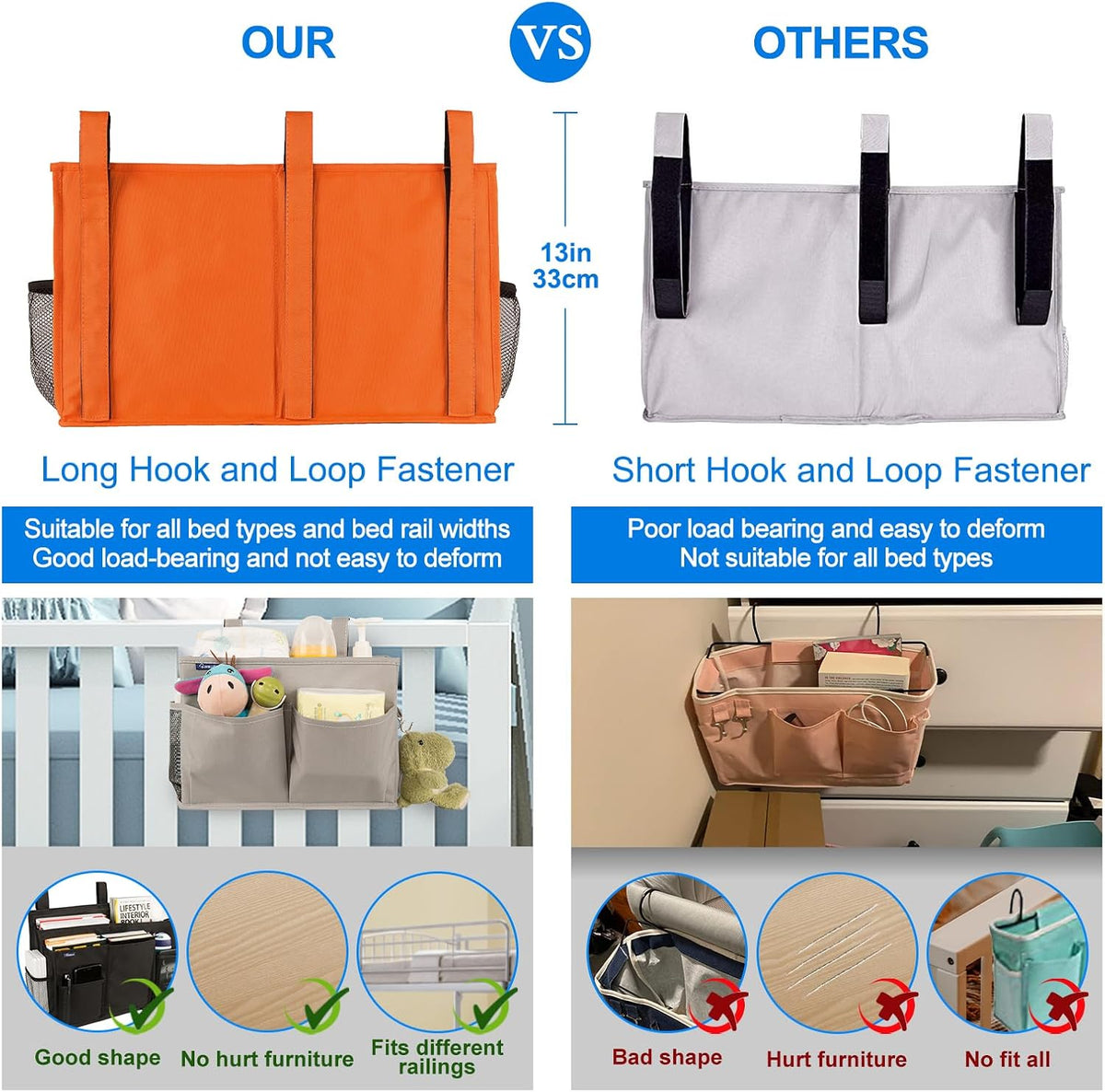 Bedside Caddy Hanging Bed Organizer Storage Bag Pocket for Bunk and Hospital Beds, College Dorm Rooms Baby Bed Rails,Camp (8 Pockets),Gray