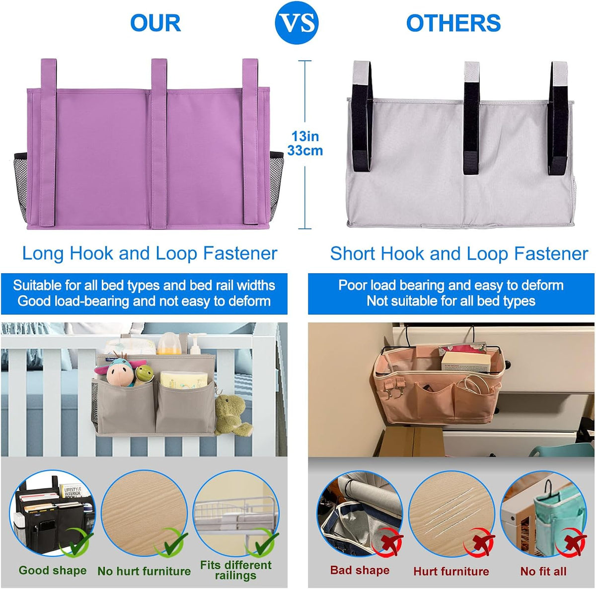 Bedside Caddy Hanging Bed Organizer Storage Bag Pocket for Bunk and Hospital Beds, College Dorm Rooms Baby Bed Rails,Camp (8 Pockets),Gray